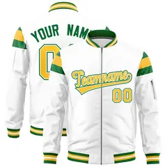 White Kelly Green-Gold Varsity Full-Zip Shoulder Color Block Letterman Bomber Jacket