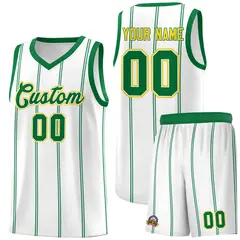 White Kelly Green Gold Vertical Stripes Basketball Jersey Set 1