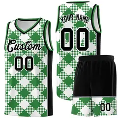 White Kelly Green-Gray Grid Basketball Kits For Team