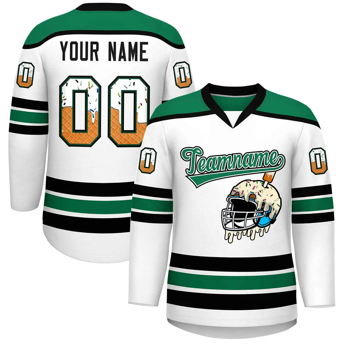 White Kelly Green Ice Cream Helmet Pattern Hockey Jersey