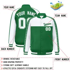 White Kelly Green K-Ribbon Raglan Full-Snap Color Block Letterman Jacket 2