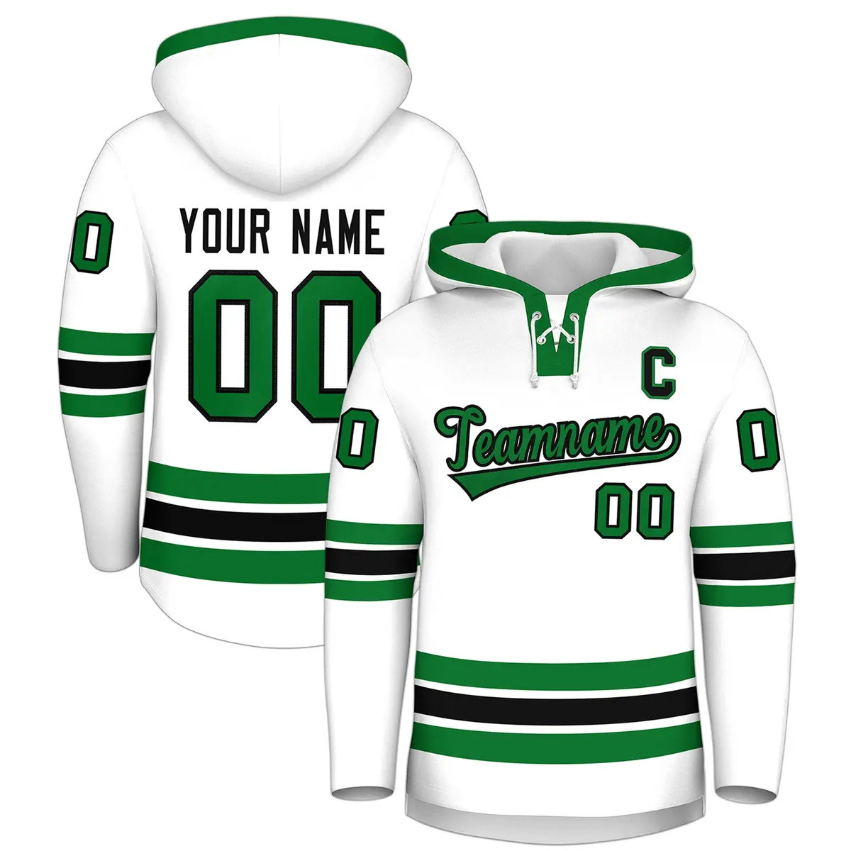 White Kelly Green Lace-Up Neck Hockey Hoodie Classic Style