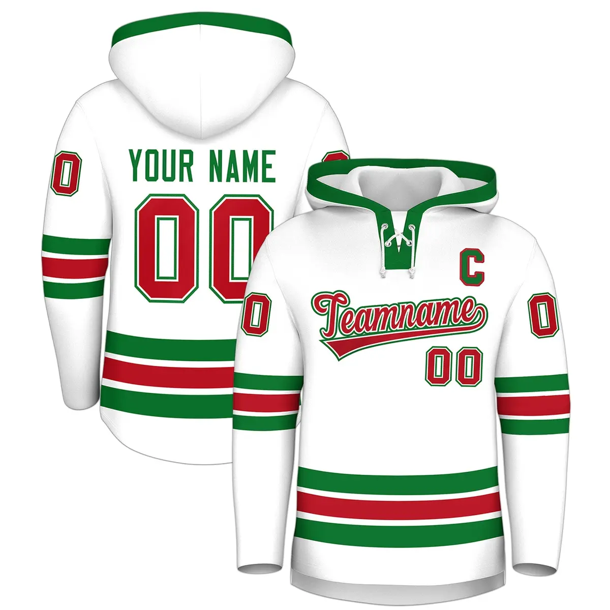 White Kelly Green Lace-Up Neck Hockey Hoodie Classic Style