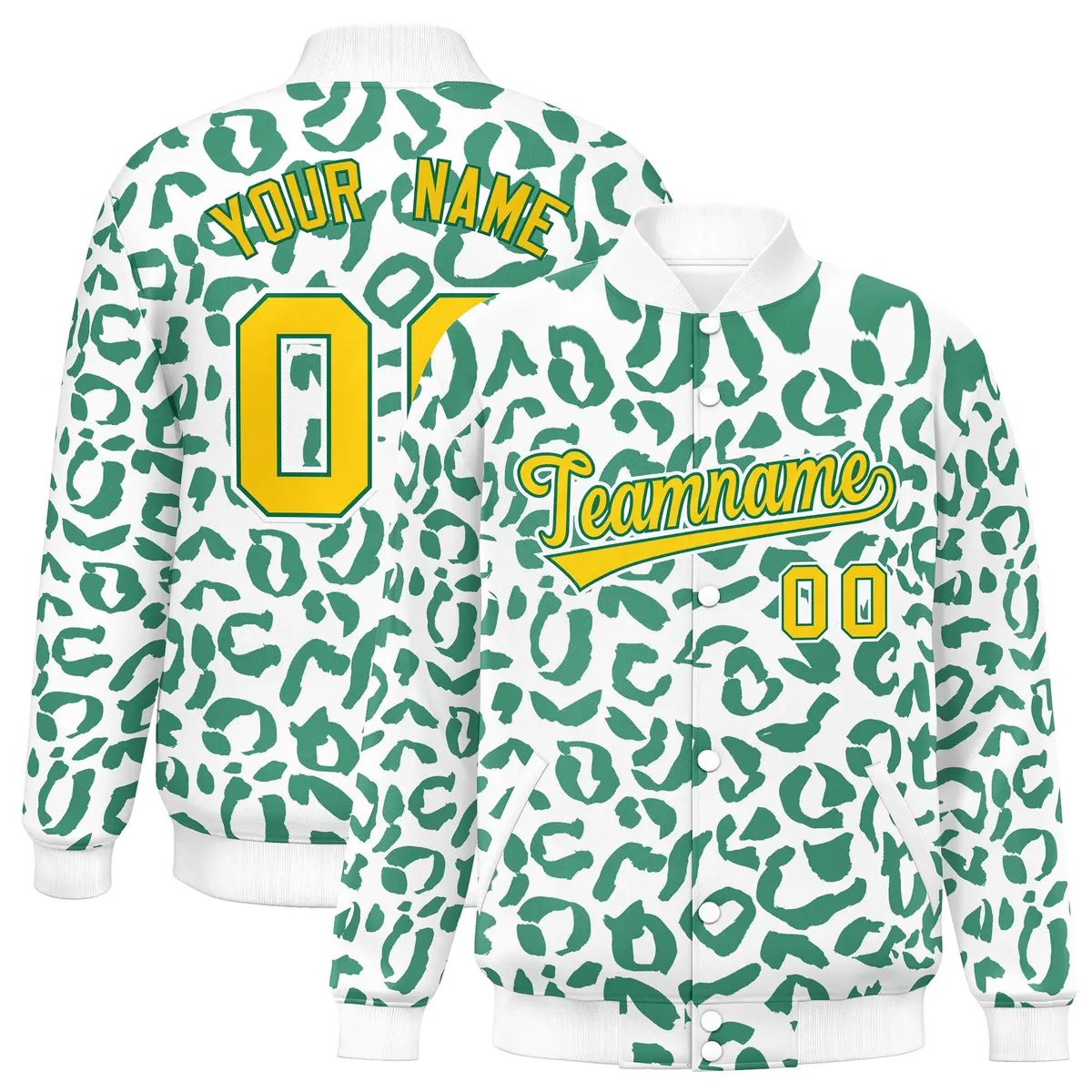 White Kelly Green Leopard Graffiti Varsity Letterman Jacket