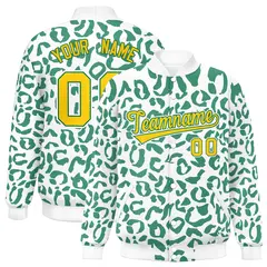 White Kelly Green Leopard Graffiti Varsity Letterman Jacket 1