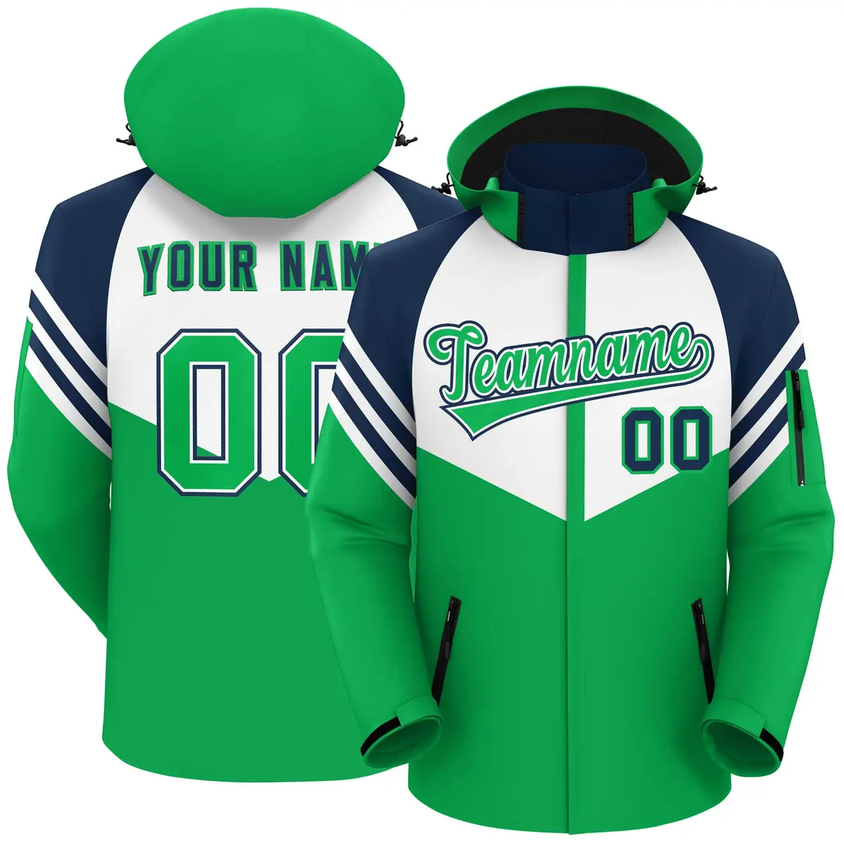 White Kelly Green-Navy Color Block Hooded Waterproof Jacket
