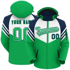 White Kelly Green-Navy Color Block Hooded Waterproof Jacket