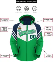 White Kelly Green-Navy Color Block Hooded Waterproof Jacket 2