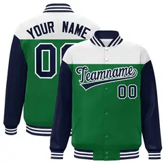 White Kelly Green-Navy Color Block Letterman Full-Snap Baseball Jacket 1