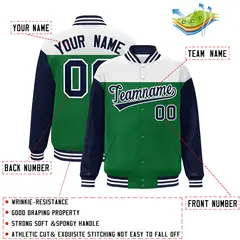 White Kelly Green-Navy Color Block Letterman Full-Snap Baseball Jacket 2