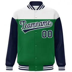 White Kelly Green-Navy Color Block Letterman Full-Snap Baseball Jacket 3