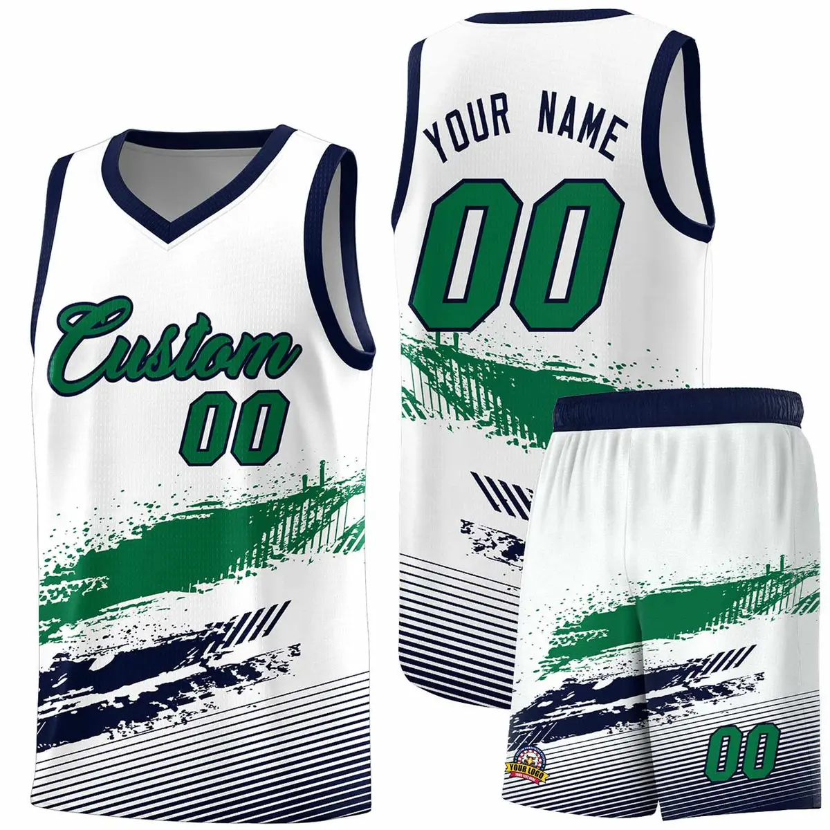 White Kelly Green Navy Graffiti Pattern Basketball Jersey