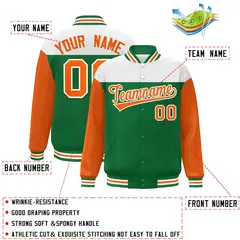 White Kelly Green-Orange Color Block Letterman Full-Snap Baseball Jacket 2