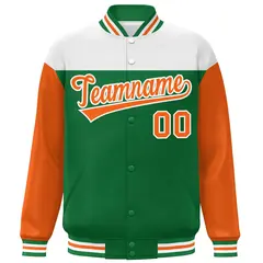White Kelly Green-Orange Color Block Letterman Full-Snap Baseball Jacket 3