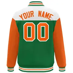 White Kelly Green-Orange Color Block Letterman Full-Snap Baseball Jacket 4