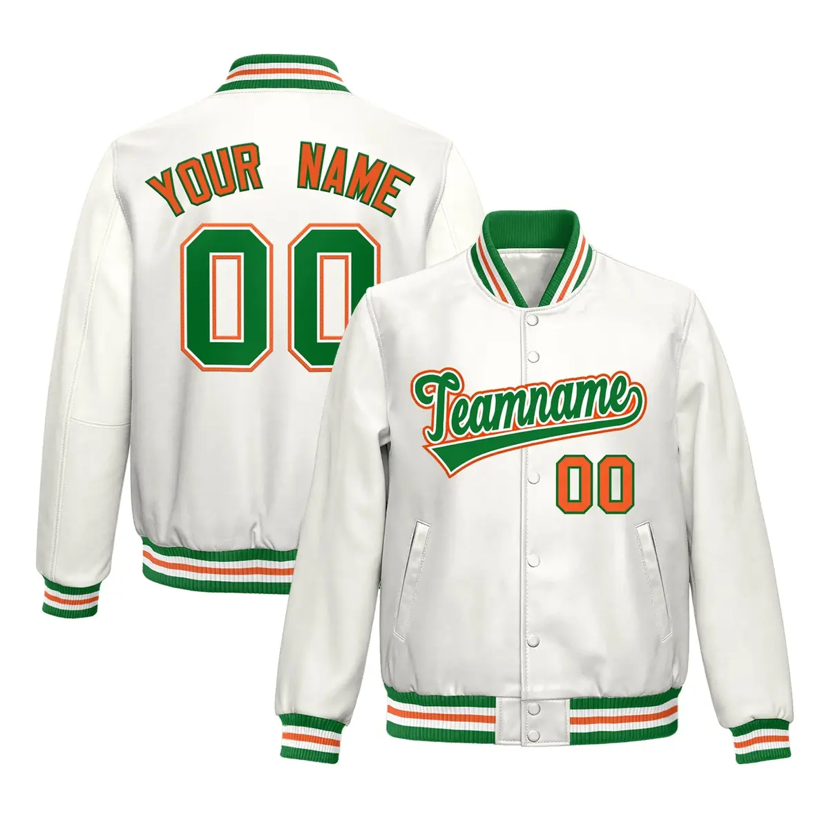 White Kelly Green Orange Full-Snap Varsity Faux Leather Letterman Jacket