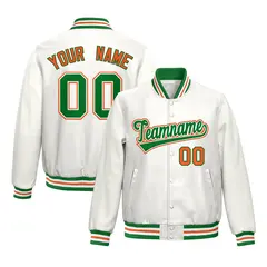 White Kelly Green Orange Full-Snap Varsity Faux Leather Letterman Jacket