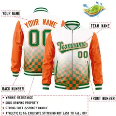 White Kelly Green-Orange Grid Color Block Letterman Raglan Jacket 2
