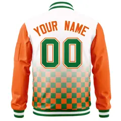 White Kelly Green-Orange Grid Color Block Letterman Raglan Jacket 4