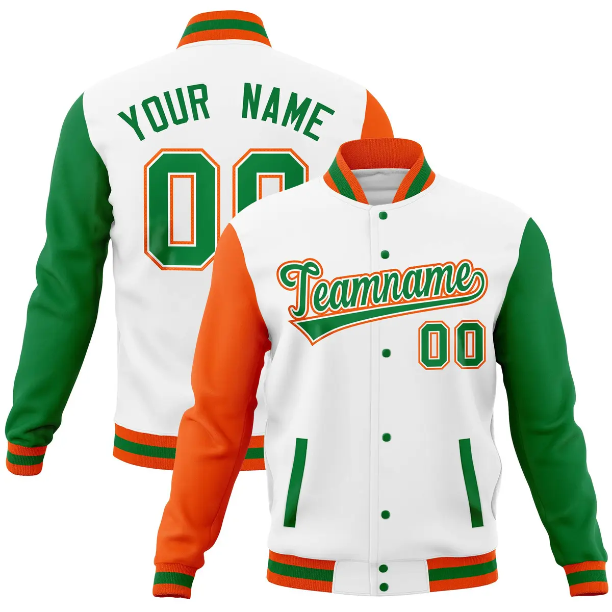 White Kelly Green-Orange Raglan Full-Snap Varsity Letterman Jacket