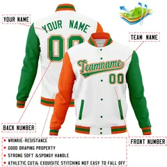White Kelly Green-Orange Raglan Full-Snap Varsity Letterman Jacket 4