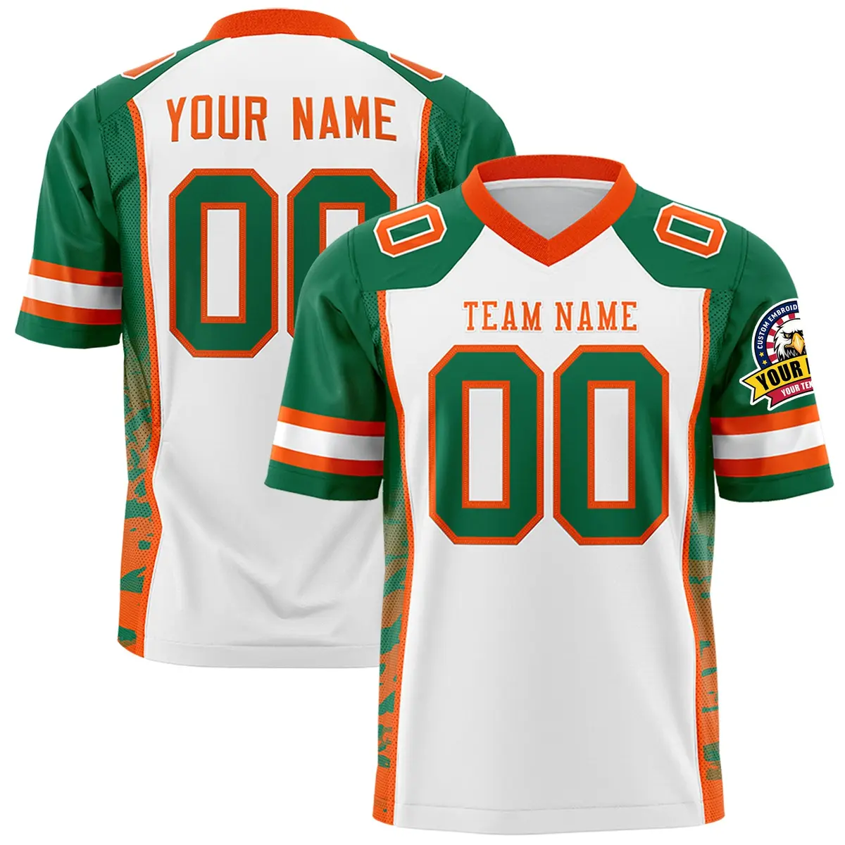 White Kelly Green-Orange Raglan Side Pattern Football Jersey