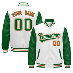 White Kelly Green Orange Raglan Varsity Full-Snap Leather Sleeves Letterman Jacket 1