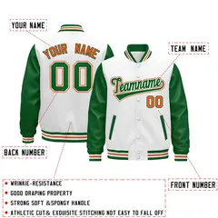 White Kelly Green Orange Raglan Varsity Full-Snap Leather Sleeves Letterman Jacket 2