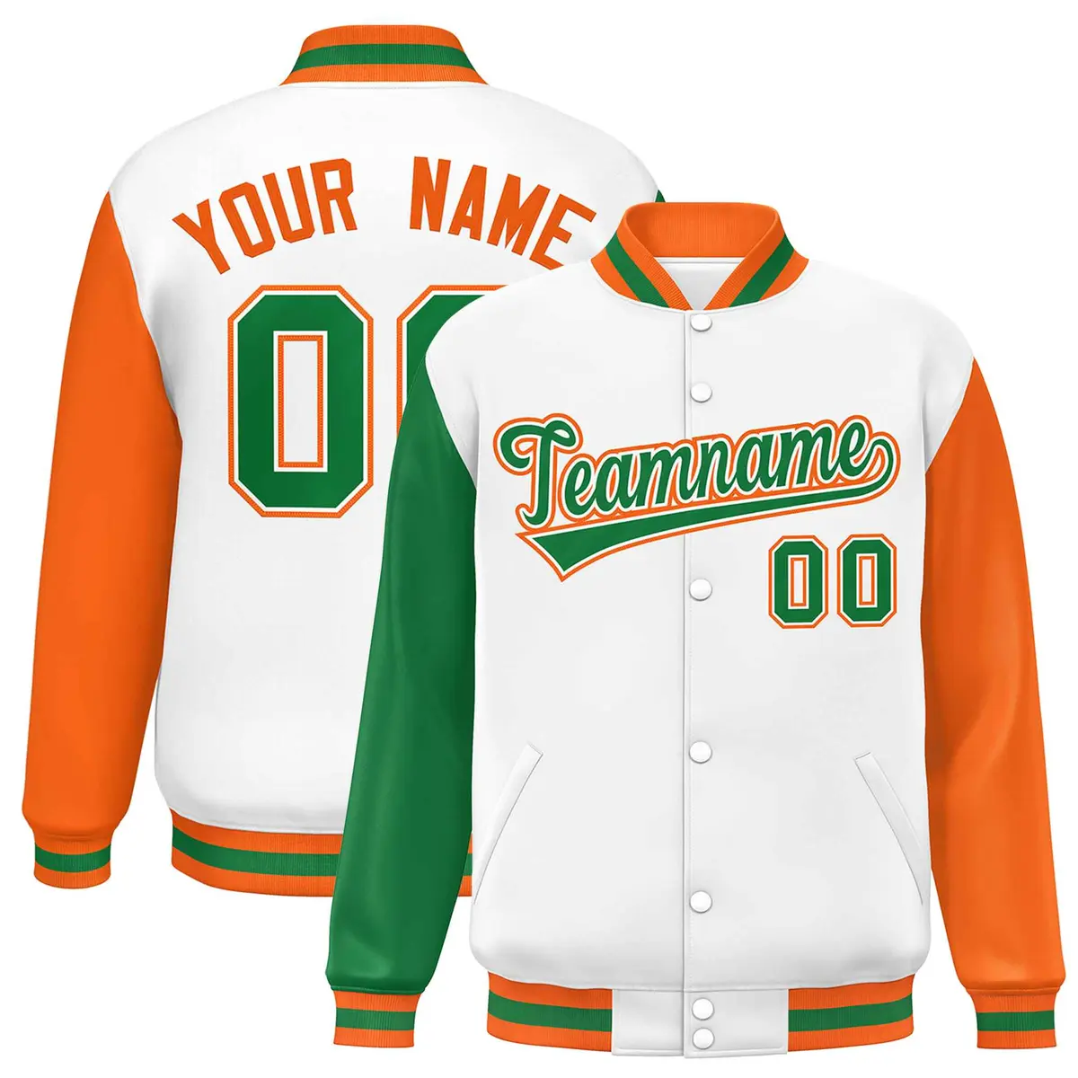 White Kelly Green-Orange Raglan Varsity Letterman Baseball Jacket