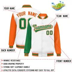 White Kelly Green-Orange Raglan Varsity Letterman Baseball Jacket 2
