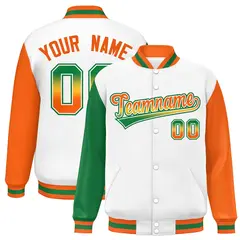 White Kelly Green-Orange Raglan Varsity Letterman Baseball Jacket 1