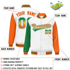 White Kelly Green-Orange Raglan Varsity Letterman Baseball Jacket 2