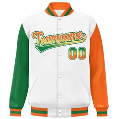 White Kelly Green-Orange Raglan Varsity Letterman Baseball Jacket 3
