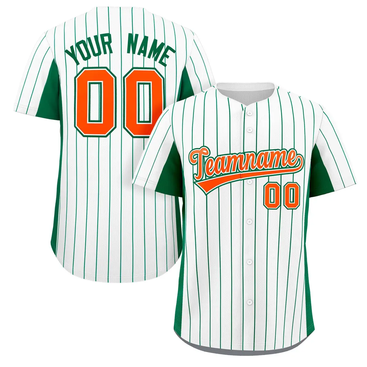 White Kelly Green-Orange Stripe Full Button Baseball Jersey