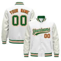 White Kelly Green Orange Varsity Jacket with Faux Leather Sleeves 1