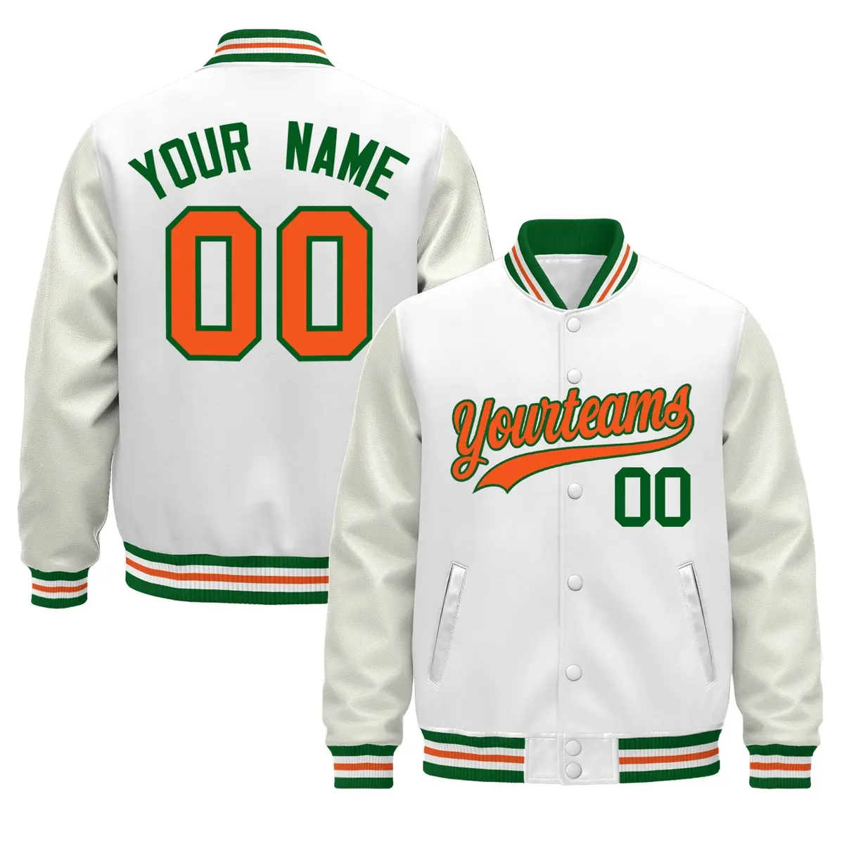 White Kelly Green Orange Varsity Jacket with Faux Leather Sleeves