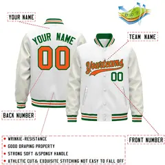 White Kelly Green Orange Varsity Jacket with Faux Leather Sleeves 2