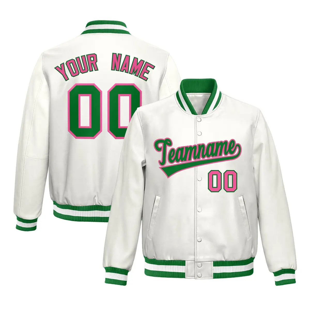 White Kelly Green Pink Full-Snap Faux Leather Letterman Jacket