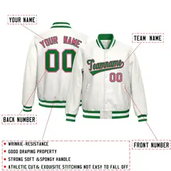 White Kelly Green Pink Full-Snap Faux Leather Letterman Jacket 2