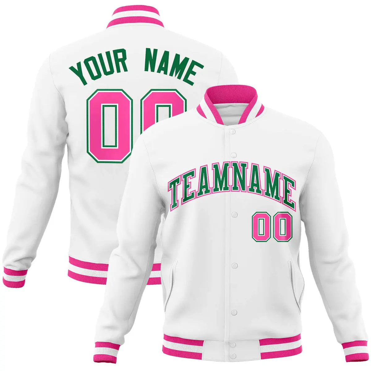 White Kelly Green-Pink Varsity Full-Snap Letterman Jacket