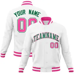White Kelly Green-Pink Varsity Full-Snap Letterman Jacket