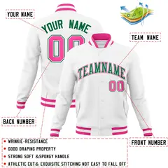 White Kelly Green-Pink Varsity Full-Snap Letterman Jacket 4