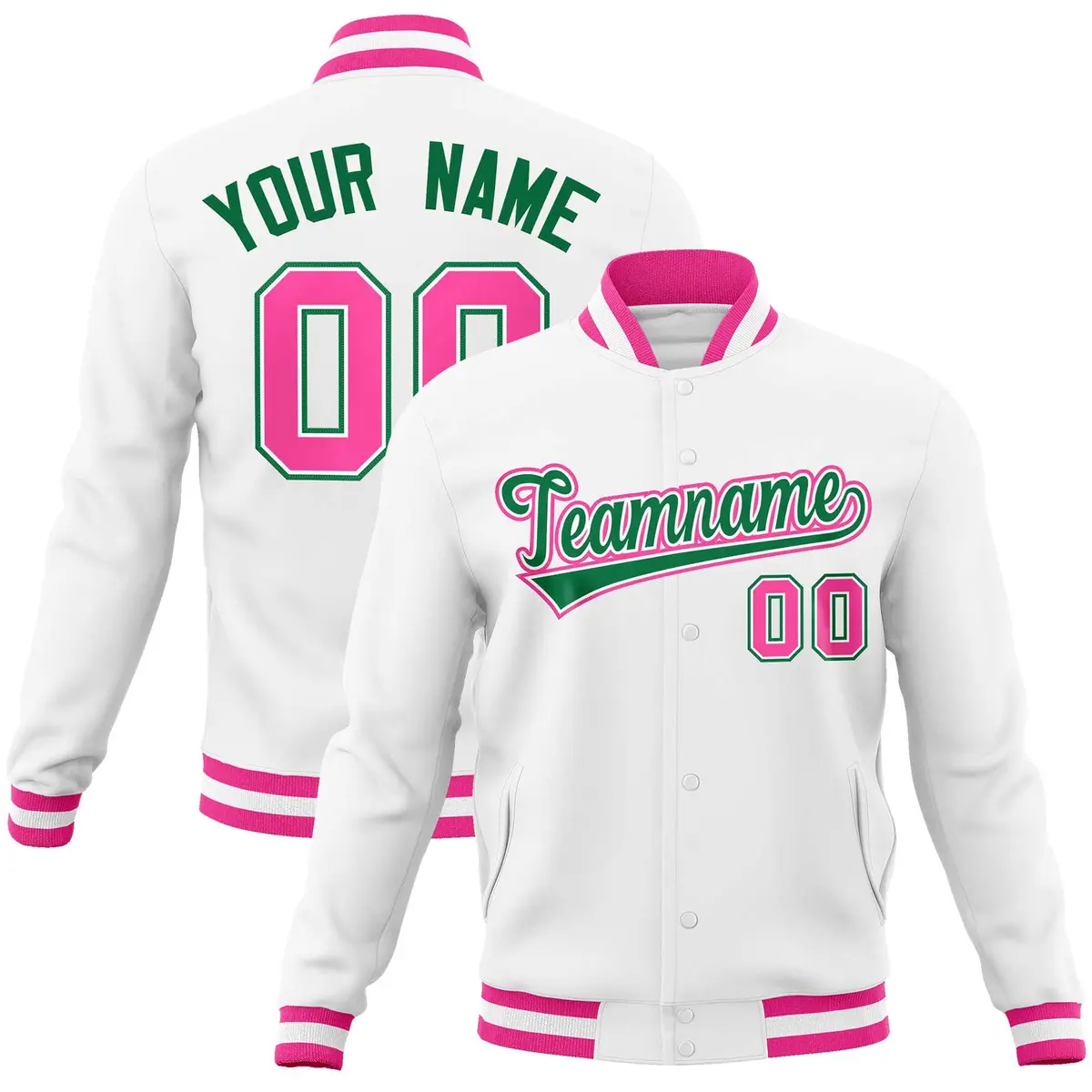 White Kelly Green-Pink Varsity Full-Snap Letterman Jacket