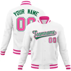 White Kelly Green-Pink Varsity Full-Snap Letterman Jacket