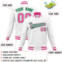 White Kelly Green-Pink Varsity Full-Snap Letterman Jacket 4