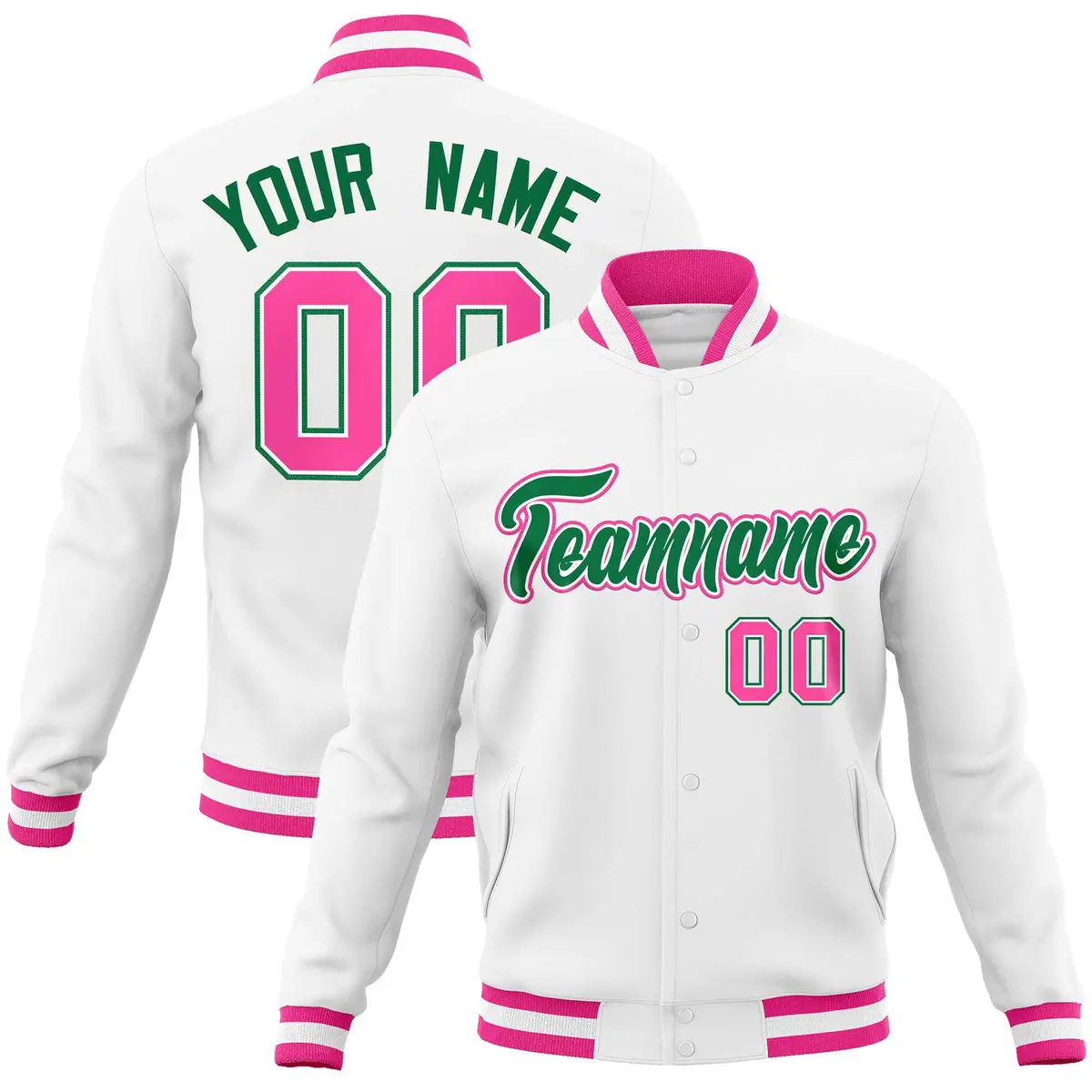 White Kelly Green-Pink Varsity Full-Snap Letterman Jacket