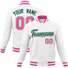 White Kelly Green-Pink Varsity Full-Snap Letterman Jacket