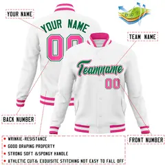 White Kelly Green-Pink Varsity Full-Snap Letterman Jacket 4