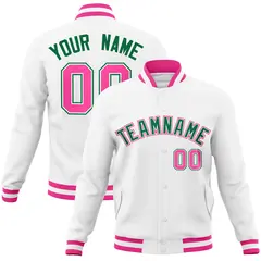 White Kelly Green-Pink Varsity Full-Snap Letterman Jacket 1