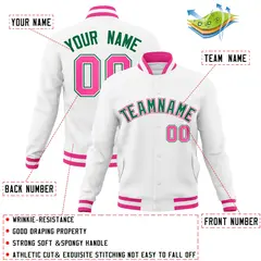 White Kelly Green-Pink Varsity Full-Snap Letterman Jacket 4